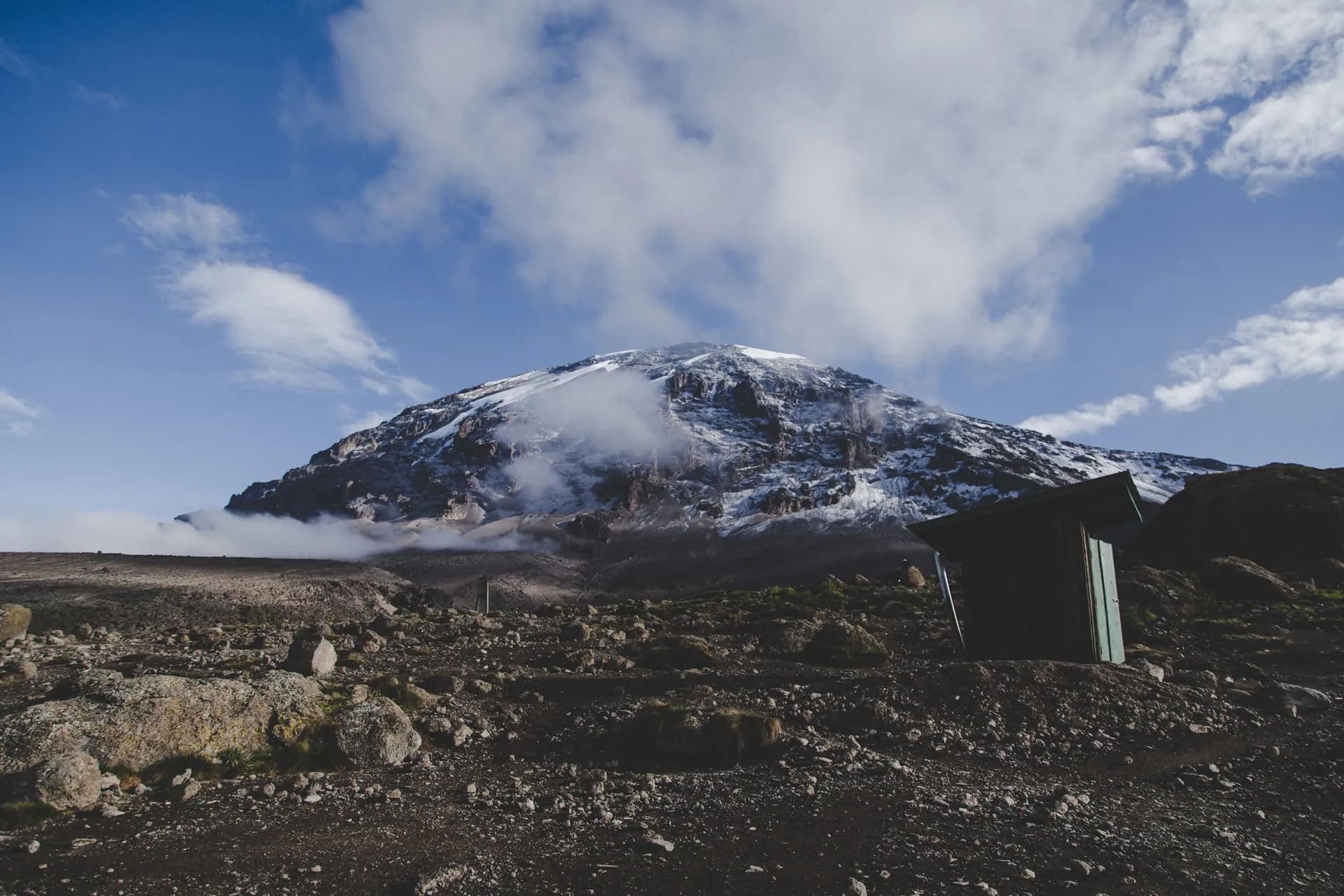 Snow-capped Mount Kilimanjaro above a rocky alpine slope