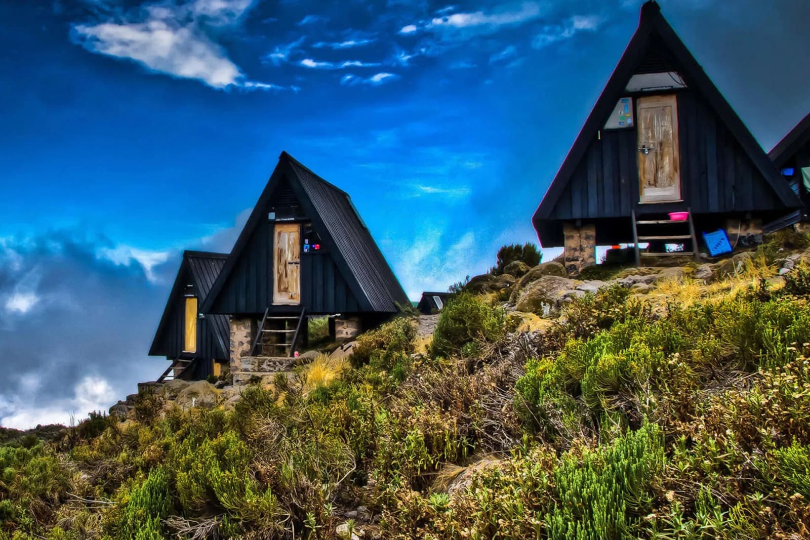 A-frame huts on a green slope of the Marangu route